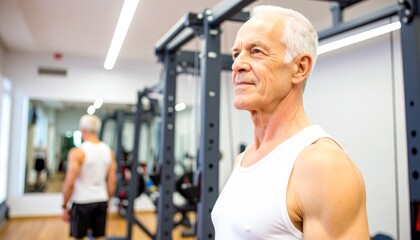 Fit Senior Man in Gym, White Tank Top, Strength Training, Healthy Lifestyle