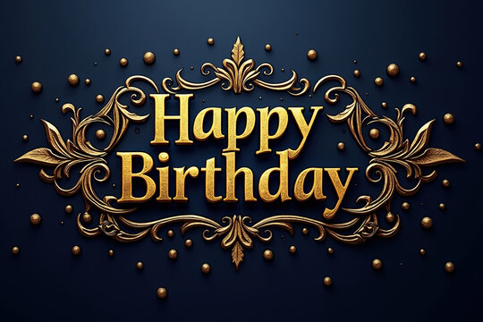 Golden Happy Birthday Greeting on Dark Blue Background with Ornate Frame and Decorative Spheres for Special Occasions