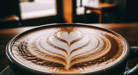 Latte art in a cup, heart-shaped, on a wooden table with blurred background