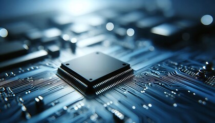 Central computer processor chip on a circuit board, a concept of futuristic digital technology, innovation and AI.