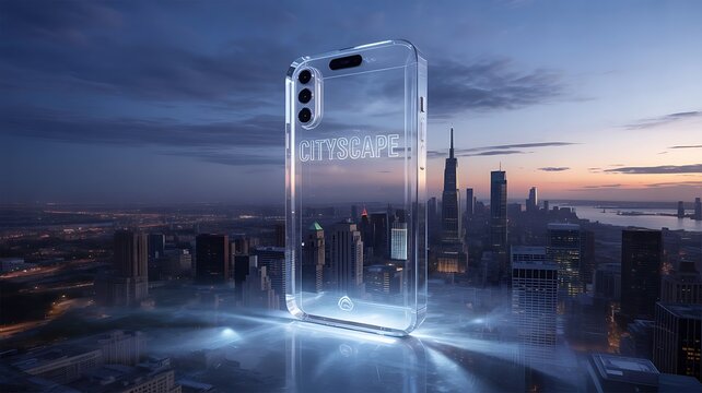 Giant crystal smartphone floating over city skyline