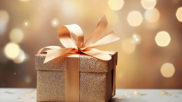 Shiny metallic gold wrapping with ribbon, festive holiday gift on a table with lighted bokeh background.