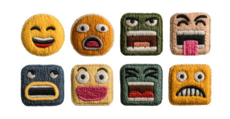 Colorful embroidered emotion patches showcasing various facial expressions.