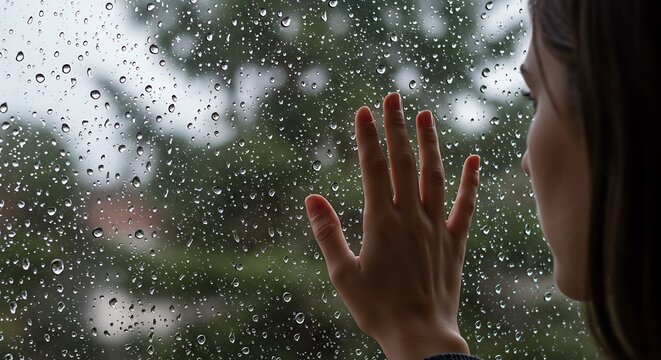 Woman's hand touching a rain-streaked window, looking thoughtfully outside at the wet weather