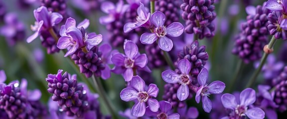 Obraz premium Close-up of vibrant purple lavender blossoms, dew-kissed petals, texture, stems