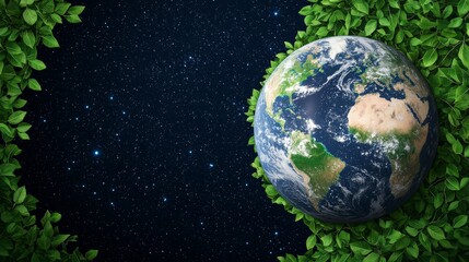 Earth Surrounded by Green Leaves Against Starry Night: Nature and Space Concept in Stock Photography