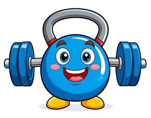 Cartoon kettlebell with happy expression, holding weights