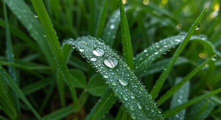 Naklejka premium Vibrant green grass with sparkling dew drops, a refreshing macro close-up showcasing nature's morning beauty.