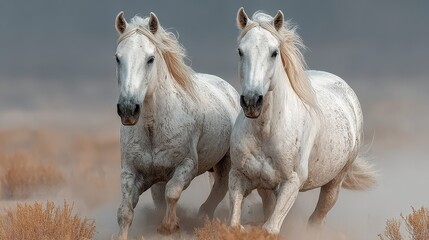 Obraz premium White horses gallop across a dusty landscape during a serene afternoon at the edge of a vast plain