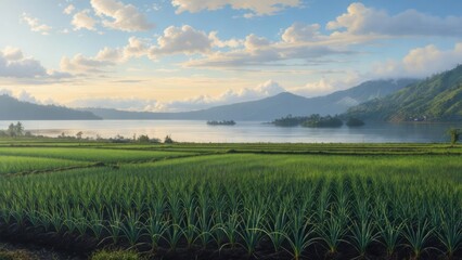 Fototapeta premium Panoramic view of a serene lake and green fields at sunrise