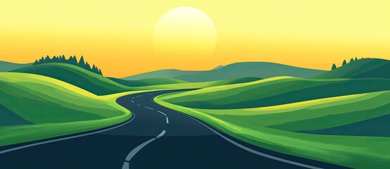 Obraz premium An empty road winding through green hills under the setting sun, symbolizing a journey and adventure