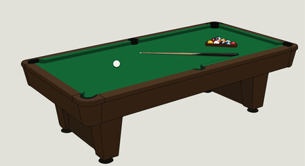 Billiard table, cue stick, billiard balls. Green felt cover. Wooden finish legs