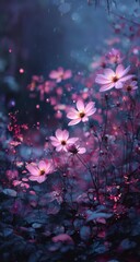 Pink flowers, mystical forest