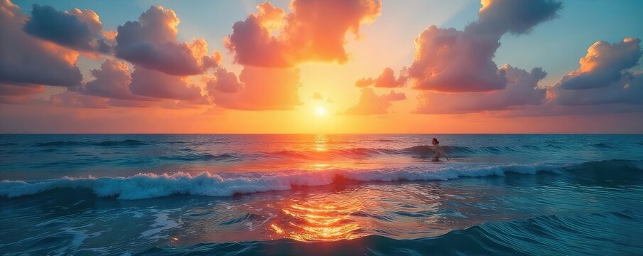 Serene ocean scene at sunset, reflecting a blissful, tranquil atmosphere Perfect for travel, relaxation, and well-being themes Ideal for websites, brochures, and social media , yoga, serene