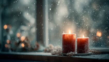 Two red candles on a snowy windowsill, soft snowfall