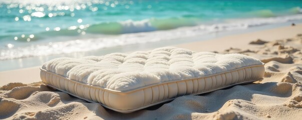 A fluffy mattress rests on a sandy beach near the ocean, waves gently lapping the shore Perfect for a relaxing, unusual beach scene , pillow, comfort, beach