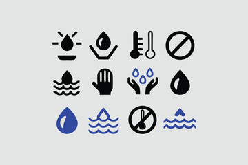 Water icon set. Containing drop, rain, tap, h2o, waterproof, glass of water, shower, drinking water and more. Solid vector icons collection.