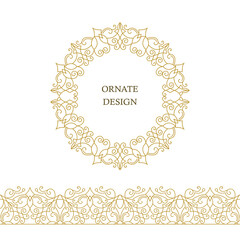 Vector frame for design template. Golden floral borders. Ornate decor for save the date, birthday, greeting card, wedding invitation, leaflet, poster, certificate, thank you message.