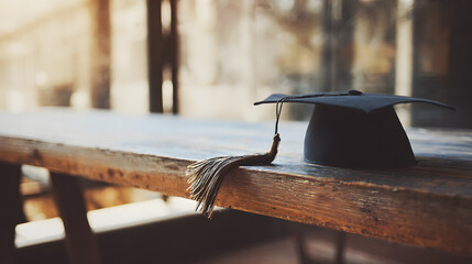 Obraz premium Single graduation cap on a wooden surface with tassel detail in warm academic atmosphere.