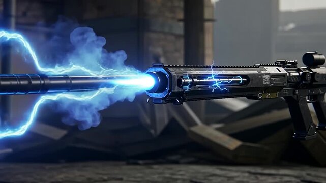 Futuristic weapon emitting energy in urban setting