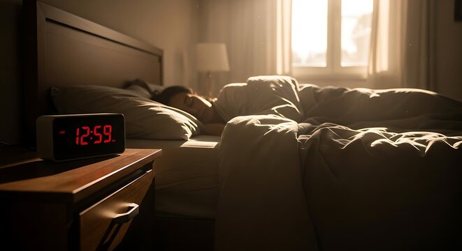 Person sleeping in bed with alarm clock on nightstand in a dimly lit room at twelve fifty nine for lazy day - Powered by Adobe