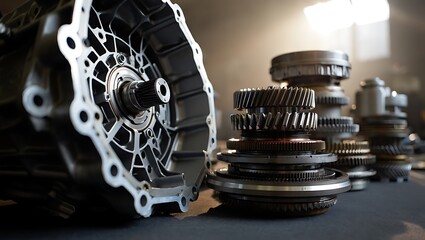 Close up of automotive transmission gears and casing in workshop