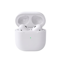 Wireless earbuds in pristine white charging case showcase modern minimalist design for audio