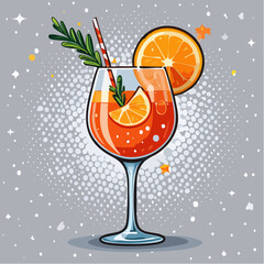 Stylish Vector Illustration of an Aperol Spritz Cocktail Set Against a Soft Gray Background with Decorative Pine Branches, Ideal for Seasonal Drinks and Celebrations