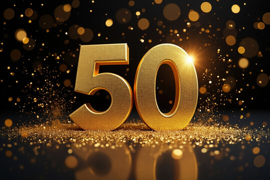 Golden Number Fifty on Dark Background with Glittering Particles Symbolizing Anniversary or Milestone Achievement