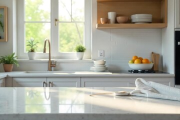 Fototapeta premium Sparkling clean kitchen countertops, gleaming appliances, and freshly-washed dishes radiate a sense of calm and order after a thorough cleaning session , sparkle, shine, housework