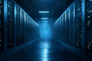 Fototapeta premium Illuminated Server Racks in a High-Tech Data Center for Enhanced Global Communication and Security