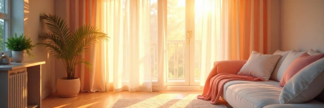 Soft pastel sunlight filters through sheer curtains, illuminating a sun-drenched room with a gentle, warm glow Perfect for spring, summer, or home decor themes , room, cheerful