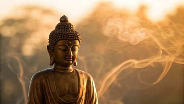 Golden Buddha with incense smoke swirling in sunset light — prayer and devotion moment

