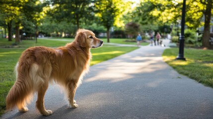 Obraz premium A golden dog stands on black paved pathways in a lush green park with trees, grassy areas,