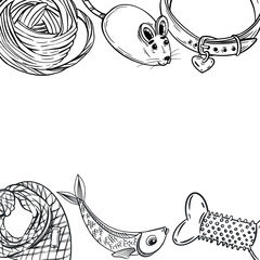 A square frame of accessories for pets, collars, scarves, toys, a mouse, a ball, a bone. All objects are hand-drawn with ink. Illustration for printing on the packaging of feed, pet products. Vector