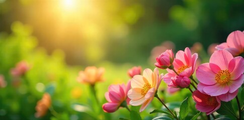 Sunlight warms a blooming flower garden, gentle breeze rustling through lush green leaves Perfect for spring relaxation themes, wellness, and nature imagery , outdoor scene, pasture