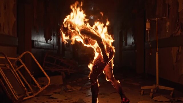 Blazing Horror: An Undead Creature on Fire in a Derelict Hospital