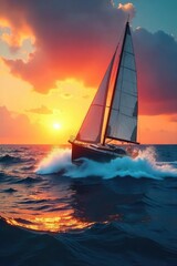 Fototapeta premium Triumphant sailboat slicing through turquoise waves under a vibrant sunset, signifying achievement and freedom at sea , waves, sport, success