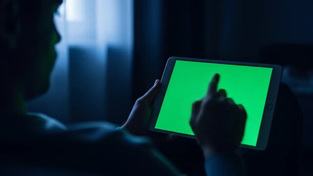 Engaged User Holding Green Screen Tablet in Dark Room for Digital Media Content