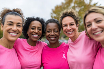 concept "pink october".group of diverse women embracing outdoors during pink october charity walk, pink t-shirts, supportive smiles, natural park background, 