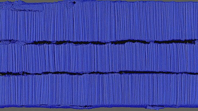 Close-up view of layered, textured, dark-blue structures, with dark-colored fissures running horizontally through them.  A grayish-toned background
