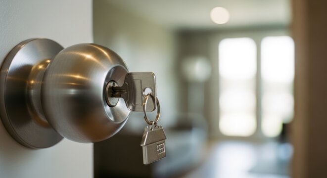 Open doorway with a key in the lock, house-shaped key fob, blurred interior