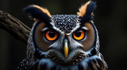Fototapeta premium Photo of detailed closeup of a great horned owls face with piercing orange eyes and textured feathers on a dark background