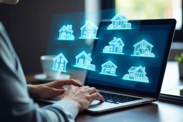 Futuristic Real Estate Showcase: Holographic Properties in Mid-Air with Laptop Browsing
