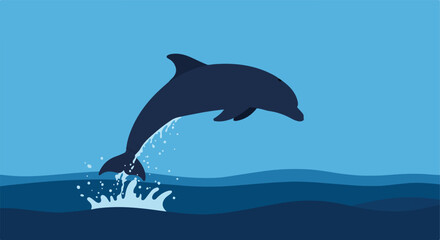 Obraz premium Leaping dolphin in deep blue sea, water splashes, stylized, minimalist, flat design