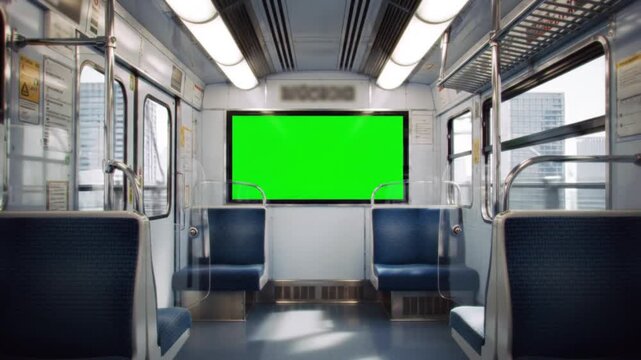 Empty subway train car interior with a blank green screen billboard for advertising mockup in a modern city.