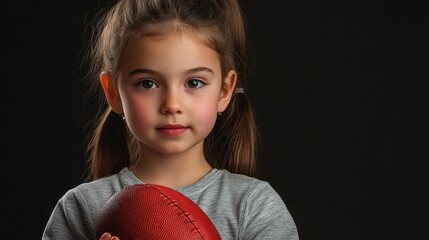 Young girl holding a rugby ball.