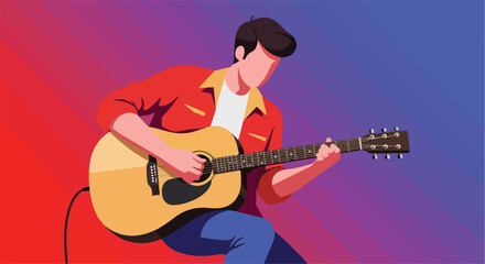 Obraz premium Illustration of a man playing the guitar with a red & blue gradient background