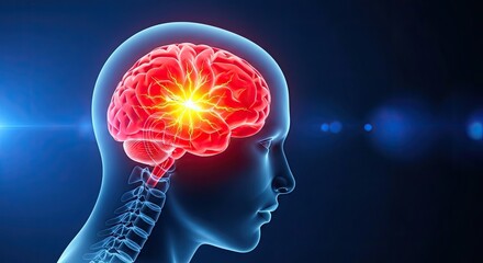 Obraz premium A glowing human brain inside a head, representing intelligence, health, and cognitive function in medical science and neurological research