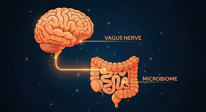 Illustration of the brain and gut connection, showing the vagus nerve and microbiome, representing health, biology, and medical research